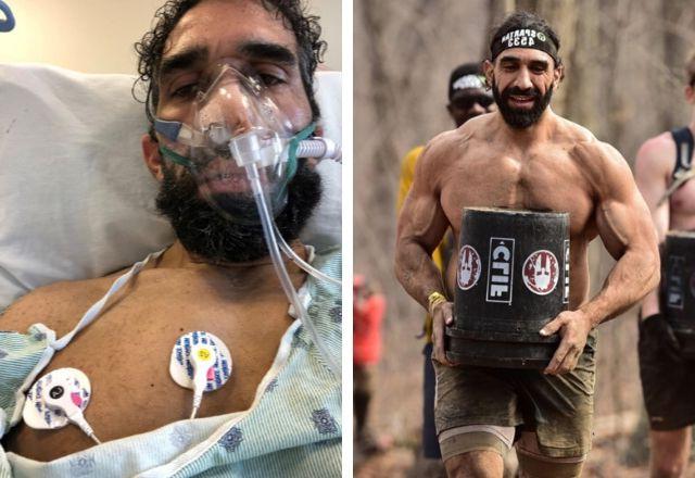 Side-by-side image of Ahmad during a competition and in a hospital bed