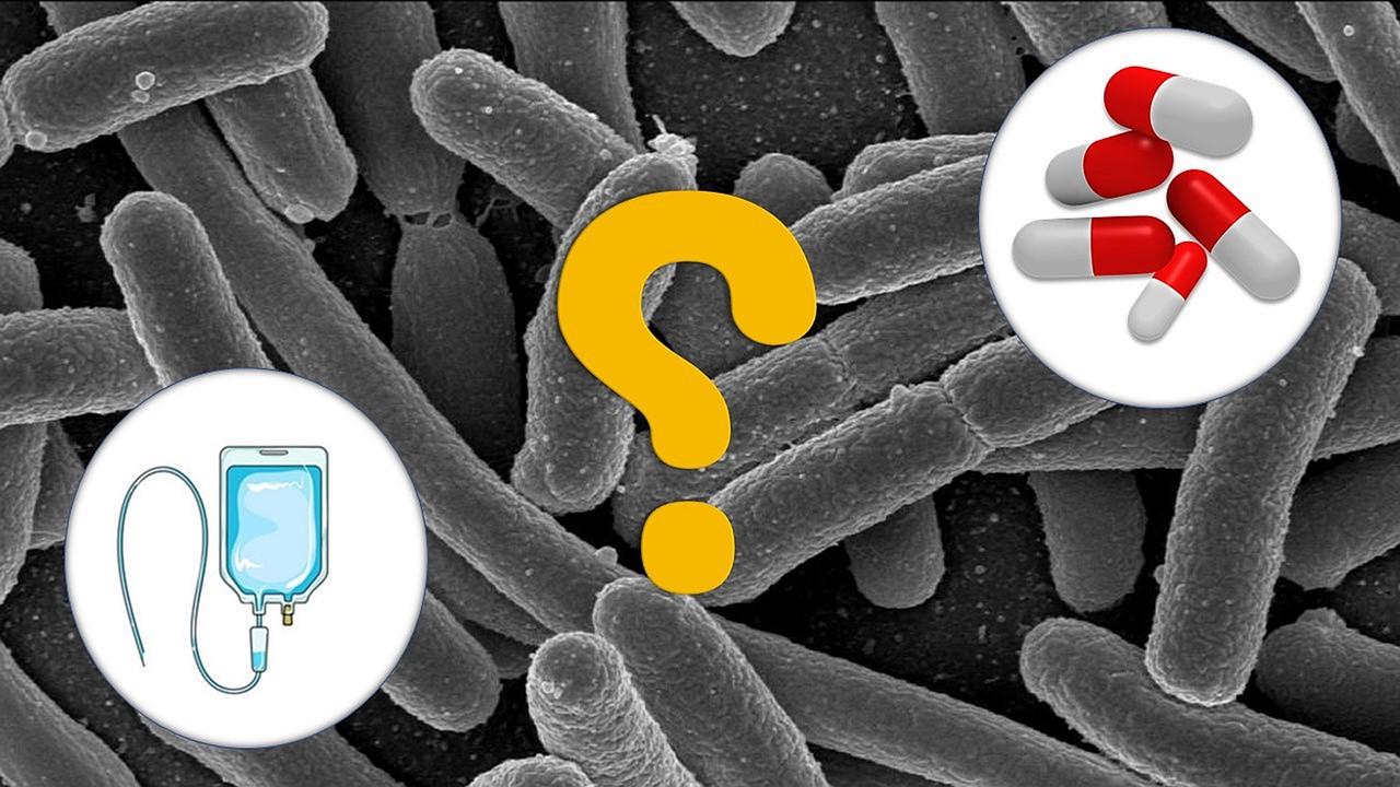 A collage of icons representing antibiotics, infection and research questions