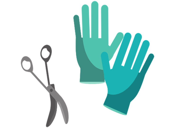 surgical gloves and scissors graphic icon